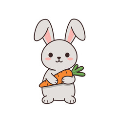 Fototapeta premium Cartoon bunny holding a carrot with green leafy top outlined in black.