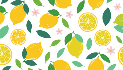 Trendy fruit citrus seamless pattern. Tropical bright summer background with hand drawn lemons, flowers and leaves. Modern design for paper, cover, fabric.leaf, collage, graphic, juicy, ornate, party,