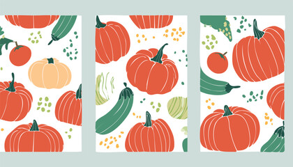 Set of abstract art poster in vegetables. Modern print with hand drawn red peppers or paprika, pumpkin, tomato, zucchini or vegetable marrow. Vector trendy illustration for card,harvest, menu, poster,