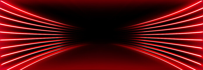 Fototapeta na wymiar Red neon tunnel with glowing light streaks converging toward black center - futuristic speed lines in perspective illusion, cyberpunk corridor effect for gaming background, technology presentation