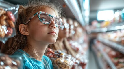 A young girl with curious eyes explores a vibrant snack aisle, embodying the thrill of discovery and the joy that comes from simple everyday adventures in retail spaces.