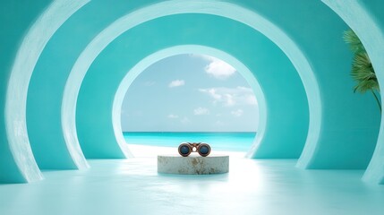 A serene beach scene with brightly colored blue walls, featuring vintage binoculars on a pedestal, creates a whimsical and inviting atmosphere for relaxation and exploration.