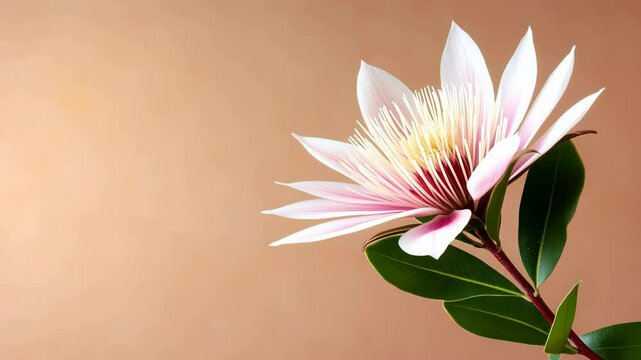 Blooming animation of a beautiful protea flower on beige background
