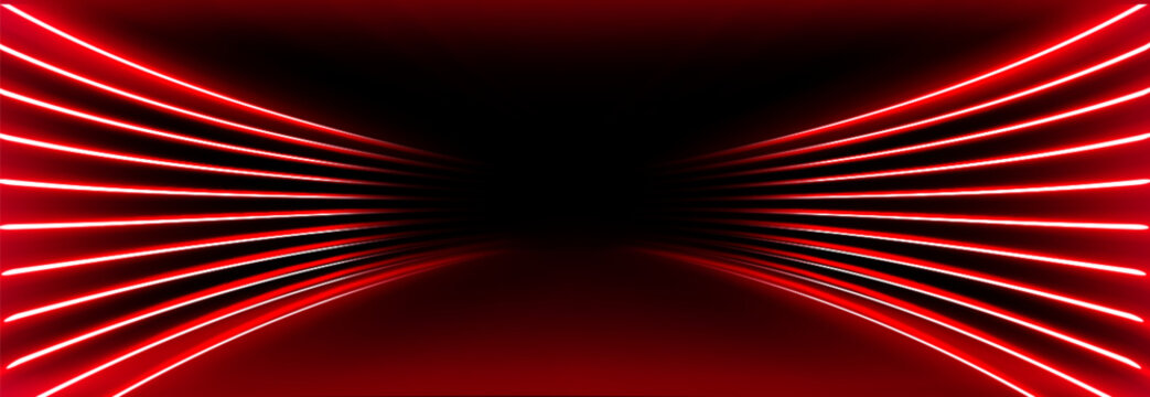 Red neon tunnel with glowing light streaks converging toward black center - futuristic speed lines in perspective illusion, cyberpunk corridor effect for gaming background, technology presentation