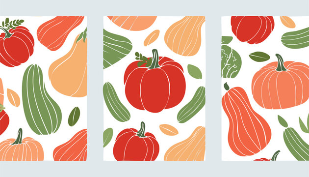 Set of abstract art poster in vegetables. Modern print with hand drawn red peppers or paprika, pumpkin, tomato, zucchini or vegetable marrow. Vector trendy illustration for card,harvest, menu, poster,