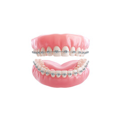 Fototapeta premium Floating Dentures with Metal Braces Isolated on Clean White Background in Hyperreal Style