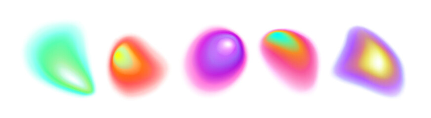Vibrant gradient aura shapes collection - soft blurred colorful orbs with rainbow glow effects on white background for modern design, energy visualization or holographic artwork with light patterns.
