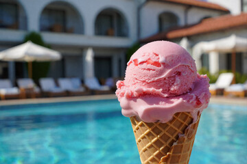 A scoop of pink strawberry ice cream in a waffle cone melts by a resort swimming pool. Evokes feelings of a perfect summer day, vacation refreshment, and holiday indulgence.