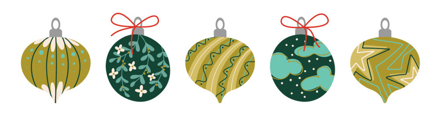 Yellow and green vintage xmas bauble ornaments with different shapes, geometric patterns, ribbons. Classic Christmas decorations. Retro holiday collection for festive cards, seasonal design projects.