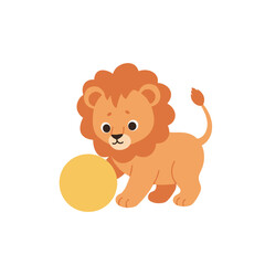 Obraz premium Playful Lion Cub with Yellow Ball Cartoon Illustration.