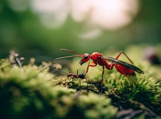 Inland Red Wasp and Ant playing on green moss, macro photography, shallow depth of field, stock photo style