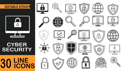 Cyber Security Line Icons Set – 30 Editable Thin Outline Symbols for Data Protection