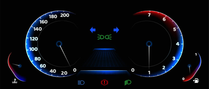Car dashboard speedometer display with blue illuminated gauges showing speed and rpm meters, fuel indicator, warning lights and digital screen on black background for automotive interface design.