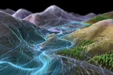 Topographical landscape showing mountains valleys and a river depicted in flowing contour lines