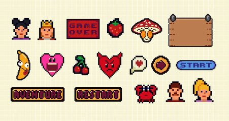 Pixels Y2k funny playful emoticon, frame, arrow, icon stickers. . 8-bit retro style vector illustration for social media. Set of pixel art. Emoji pixelated icons.