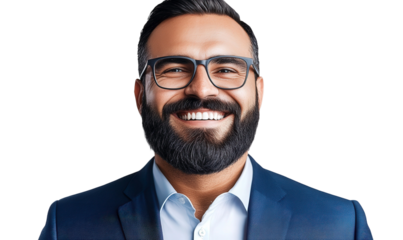 Confident Businessman in Formal Suit with Stylish Glasses, Smiling Cheerfully, Isolated on Black Background Showcasing Professional Image