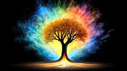 Tree with vibrant colors and electric currents creating a stunning visual display of energy and nature