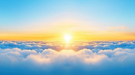 Sunset over clouds with emerging sunlight through fog in a scenic sky view