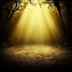 Luminous rays of sunlight filtering through trees in a dark forest creating a serene and tranquil atmosphere