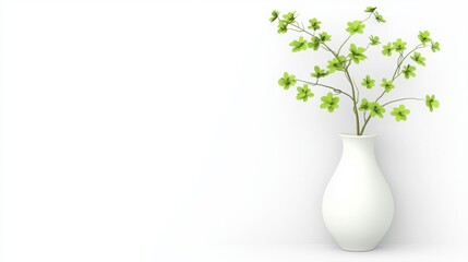 Vase with a green plant on a white surface against an empty white wall in a simple interior setting