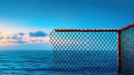 Empty mma fighting cage surrounded by water with a fence in the foreground and a serene environment in the background