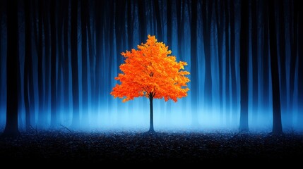 A solitary tree stands in a foggy forest with a clear blue sky in the background creating a serene natural landscape