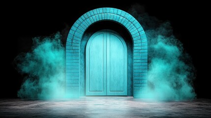 Blue door with green smoke and energetic data tunnel blast vivid smoke clouds in a surreal composition