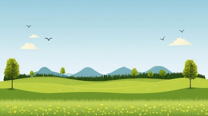 Green field with trees and birds flying in the sky landscape illustration showing nature and tranquility