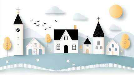 Paper cut illustration of a town with a church and a bird flying over an enchanting landscape scene