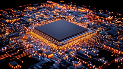 Computer processor with black chip and glowing amber neuron holograms on a dark background