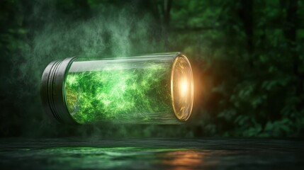 A floating jar filled with vibrant green energy sits in a dark, enchanted forest, symbolizing magic and mystery while captivating the viewer's imagination with its luminous glow.