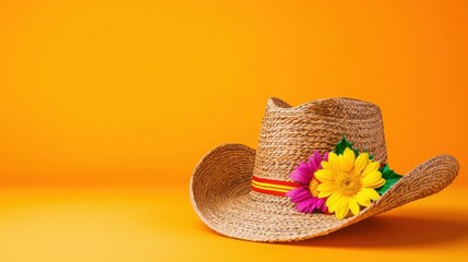 Straw hat adorned with flowers on a vibrant yellow background representing summer fashion and cultural expression
