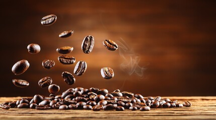 Coffee beans falling from a cup on a dark background in a dynamic and visually appealing composition