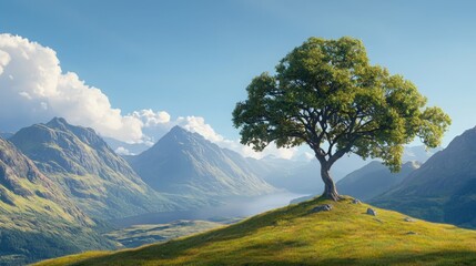Tree on grassy hill with mountains in the background and fantasy landscape illustrations in a vibrant natural setting