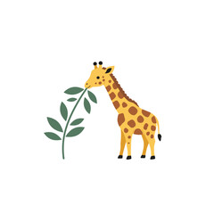 Cute Cartoon Giraffe Eating Leaves in Profile View.