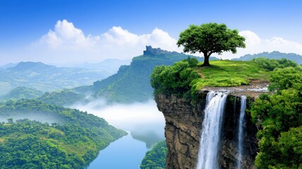 Waterfall flowing through a lush green valley surrounded by fantasy landscape and illustrations