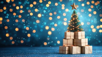 Small christmas tree with presents on top and festive bokeh background showcasing holiday decorations and lights