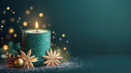 Christmas candles and decorations with bokeh lights on a dark background for festive holiday celebrations