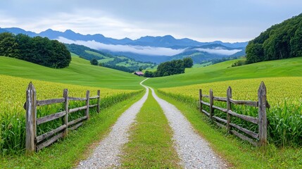 Dirt road leading through foggy field with wooden fence on either side and overcast sky above