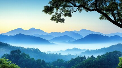 Scenic view of mountains and trees from a hill surrounded by fog and mist in a natural landscape