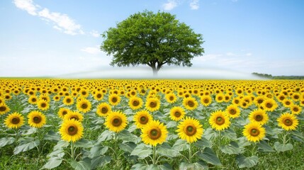 Sunflower field with a tree in the background and fog rolling over the landscape during a whimsical morning