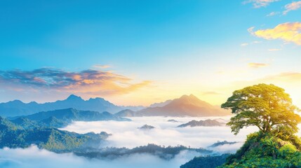 Fog-covered mountains at dusk with a tree in the foreground and dramatic hues of light in the sky