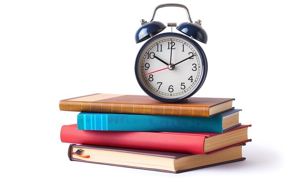 Stack of books with alarm clock on top isolated on white background, study time, back to school concept design - Powered by Adobe