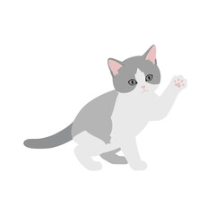 Cartoon gray and white kitten waving with pink paw pads in the air.