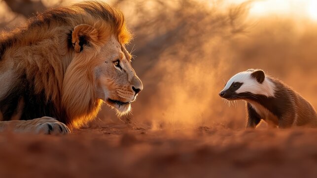 A lion and a honey badger are depicted in a captivating stare-off, showcasing the contrast of courage versus ferocity in nature's realm, encapsulating the essence of wildlife.