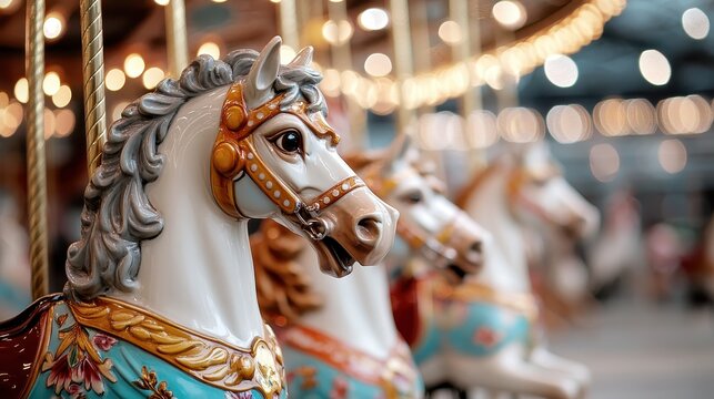 An artistic close-up of beautifully painted carousel horses at an amusement park, showcasing vibrant colors and intricate designs that evoke nostalgia and joy. - Powered by Adobe