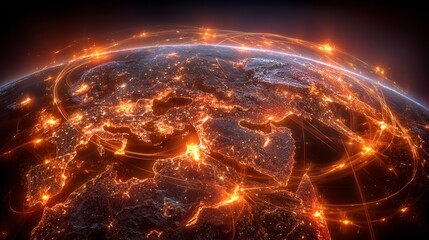 Obraz premium The planet is illustrated in a resplendent, fiery light, highlighting continents against a dystopian landscape, metaphorizing global chaos or environmental disaster