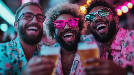 Obraz premium Three friends revel in a lively party environment, each adorned with colorful sunglasses and tropical shirts, highlighting their carefree spirit and enjoyment of the moment.