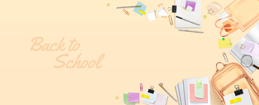 3D back to school composition - orange backpack, colorful notebooks and pens, sticky notes and paper clips on beige surface for educational banners, student promotions, autumn marketing headers.