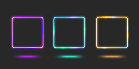 Neon square frame set glowing on dark background - purple, green and yellow gradient borders with reflection effects for futuristic design. Electric light box with rounded corners for modern interface